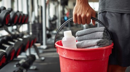Gym maintenance: person carrying cleaning supplies in a red bucket, including towels and a cleaning solution, ensuring a clean and hygienic fitness environment.