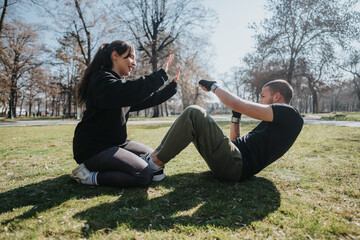 A young man and woman engaging in a fitness routine together outdoors on a grass field. Both appear...