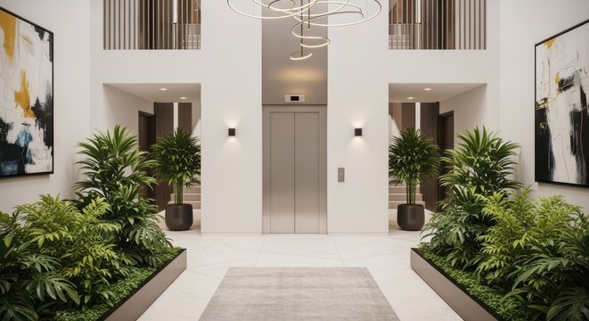 Modern and bright lobby of a building featuring an elevator, lush green plants, and contemporary artwork, creating a welcoming and sophisticated atmosphere