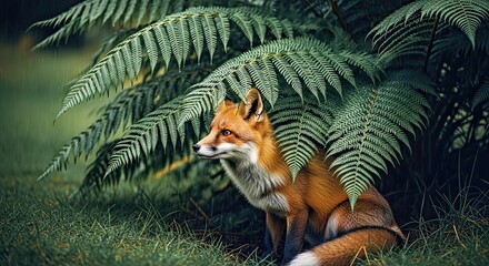 Wild Fox Seeking Refuge Beneath Large Fern During Rainfall