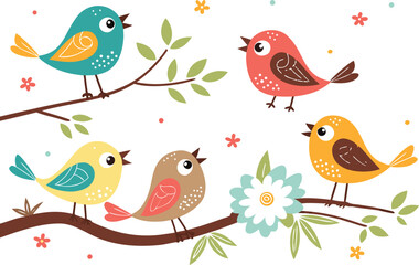 A seamless, colorful vector illustration set of cute cartoon birds and spring flowers, with birds on a branch, perfect for a nature-themed pattern design or card decoration