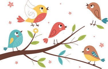 Fototapeta premium Cute cartoon birds on a tree branch with spring flowers, a lovely nature illustration for any season's design