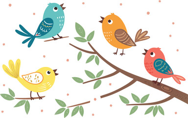 Fototapeta premium Cute cartoon vector illustration set of colorful birds and flowers on a tree branch, perfect for spring nature designs