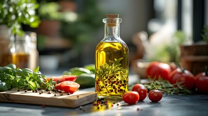 Aromatic olive oil infused with herbs and peppercorns sits amidst fresh tomatoes and basil on a kitchen counter, inviting healthy cooking and delicious meals.