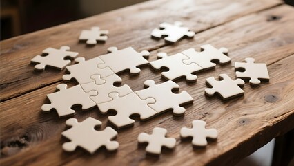 Scattered puzzle pieces on a rustic wooden table