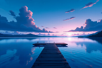 Peaceful Lakeside Dock Sunset with Clouds and Reflections – Tranquil View