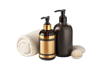 a sleek and modern hair care product display featuring a bottle of shampoo and conditioner with elegant packaging, placed on a minimalist white surface. 