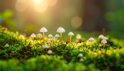 Tiny white spotted mushrooms growing in moss covered woodland floor, fairy tale forest setting, enchanted natural miniature world