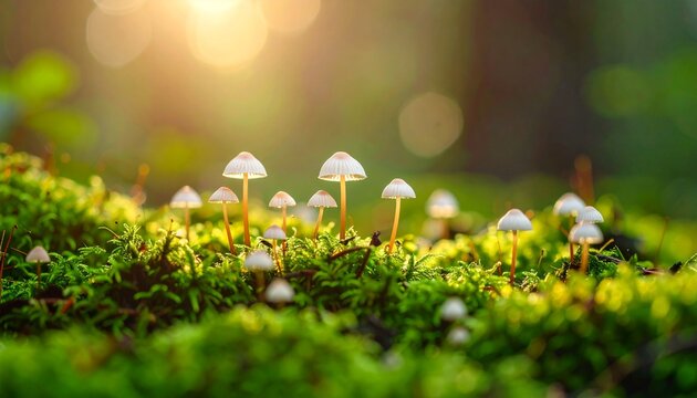Tiny white spotted mushrooms growing in moss covered woodland floor, fairy tale forest setting, enchanted natural miniature world - Powered by Adobe