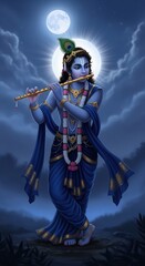 Naklejka premium Krishna Mobile Wallpaper HD – Glowing Moonlight Scene with Flute and Divine Aura – Janmashtami Background for Phones