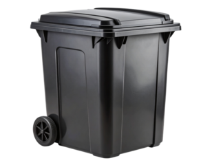  Black Plastic Garbage Bin with Closed Lid and Wheels Isolated on Transparent Background PNG