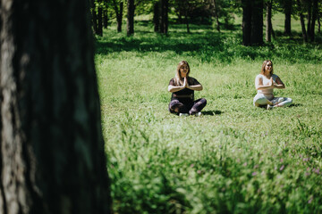 Two women sit on the grass in a park practicing mindfulness and relaxation exercises to promote...