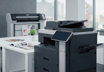 Modern office equipment in a bright workspace with a printer and documents on a table