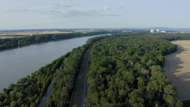 aerial flight along rhine river to biblis nuclear power plant