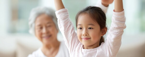 Diversity in Exercise & Wellness meditation concept. Joyful child practicing activities with supportive elder behind her.