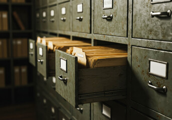 Archive room with metal cabinets and neatly organized folders in dim lighting during the evening