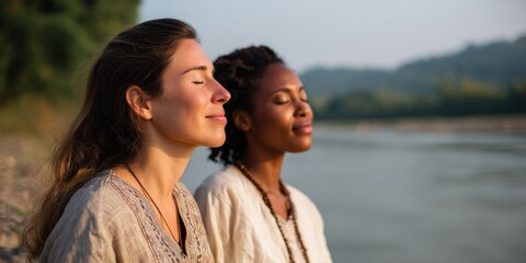 Diversity in Exercise & Wellness meditation concept. Two women meditating by a river in a serene natural setting.