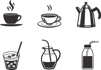 This set of coffee icons features various coffee cups, mugs, and pots, with vector illustrations of popular hot beverages like espresso and cappuccino, suitable for cafe and restaurant designs
