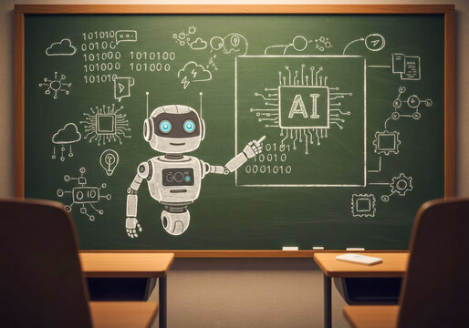 Robot teaches about artificial intelligence concepts in a classroom setting with a chalkboard full of diagrams and data