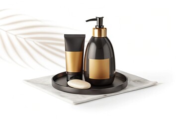 a sleek and modern hair care product display featuring a bottle of shampoo and conditioner with elegant packaging, placed on a minimalist white surface. 