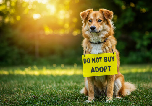 Dog with a sign advocating adoption over purchasing, standing in green grass during sunset