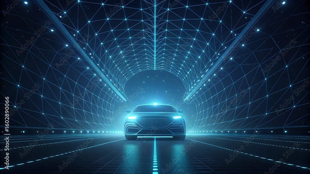 Poster futuristic vehicle navigating a glowing digital tunnel image