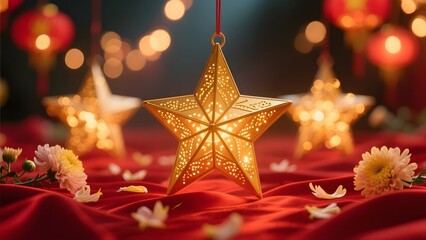 Golden Star Lantern on Red Fabric with Festive Background