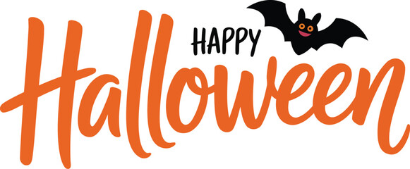Colorful Happy Halloween Text with Cute Bat Illustration