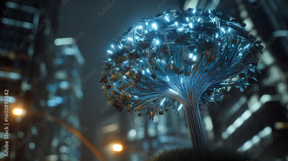 Poster a glowing tree with blue lights in an urban setting with buildings in the blurred background view
