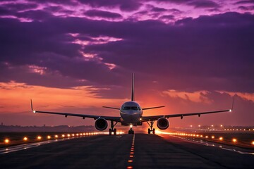 Airplane on runway during dramatic sunset with purple clouds dramatic sky