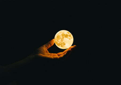 Moon held delicately in a person's hand against a dark background conveying a sense of wonder and imagination