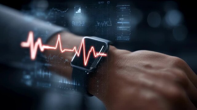 Innovative wearable fitness device interface featuring dynamic heartbeat visualization and comprehensive biometric metrics illustrating a commitment to health awareness and active lifestyle