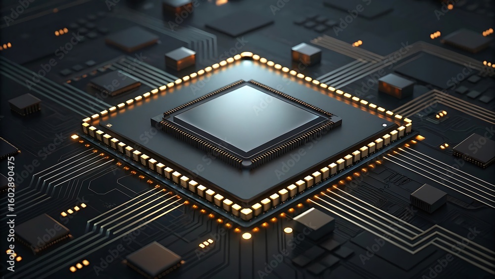 Poster central processor unit with golden circuitry and glowing lights on a dark motherboard technology com