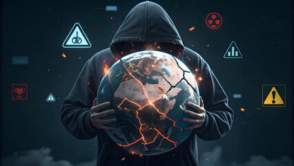 Damaged Earth Held by Hacker in Hoodie with Warning Symbols Around, Hacker Hack the World  