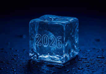 Obraz premium Ice cube with the year 2026 illuminated in blue light placed on a dark reflective surface