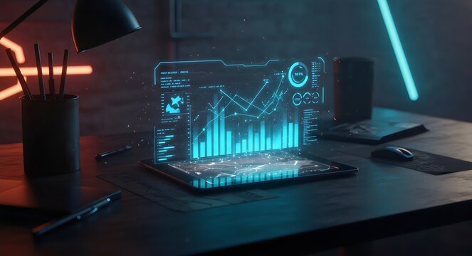 Futuristic Business Analytics with Holographic Data Display on Office Desk - Powered by Adobe