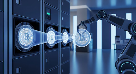 Robotic arm transferring digital bitcoins from a server data center.