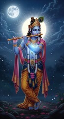 Krishna Mobile Wallpaper HD – Glowing Moonlight Scene with Flute and Divine Aura – Janmashtami Background for Phones