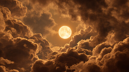 A celestial view of a bright moon surrounded by fluffy clouds with golden light shining through