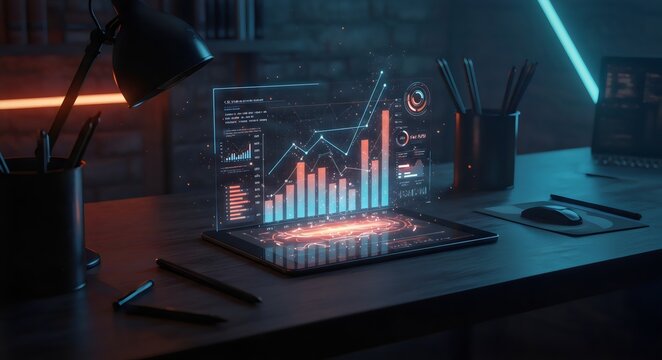 Futuristic Business Analytics with Holographic Data Display on Office Desk