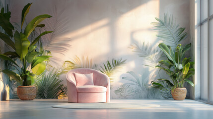 Obraz premium Pink Armchair in Sunlit Modern Living Room with Tropical Plants