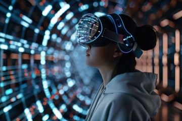 Woman using virtual reality headset in cyberspace, interacting with digital interface