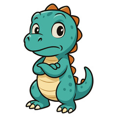 A cartoon dinosaur stands, arms crossed with attitude.