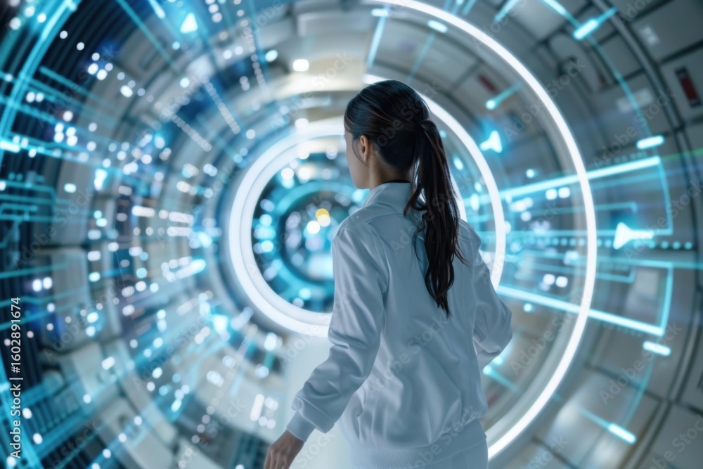 Poster scientist walking in futuristic technological tunnel with digital interface data processing