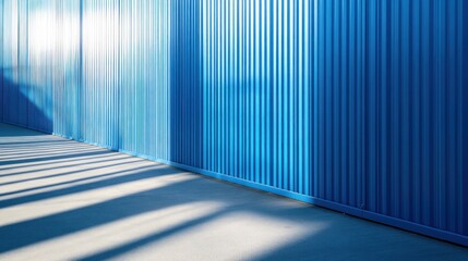 Sunlight casts shadows on a blue corrugated metal wall.