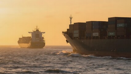 Cargo Ships Navigating the Ocean at Sunset
