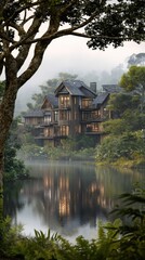 Obraz premium Misty morning view of a large, multi-story wooden house nestled beside a calm lake, partially obscured by trees and fog, reflecting in the still water
