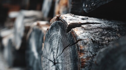 Close-up of a stack of dark, weathered, and cracked wood logs, showing intricate grain patterns and textures.  The focus is sharp on the foreground log, with blurred background logs suggesting depth