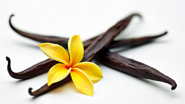 Fresh yellow vanilla flower and dark vanilla pods are isolated on a white background. Suitable for food, ingredient, flavor, and botanical design uses.