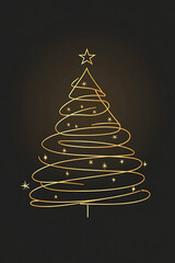 A stylized golden Christmas tree on a dark background, with a minimalist, elegant design featuring a star and scattered star-shaped ornaments.